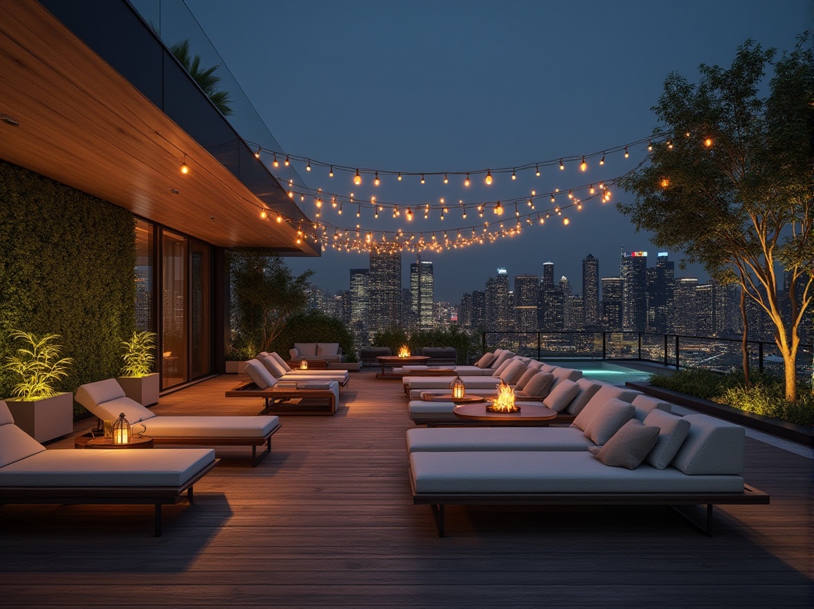 Prompt: Modern outdoor space, minimalistic design, sleek lines, geometric shapes, luxurious ambiance, rooftop garden, cityscape background, skyscraper view, night scene, string lights, lanterns, wooden decking, lounge chairs, sectional sofas, greenery walls, potted plants, water feature, infinity pool, fire pit, ambient lighting, 3/4 composition, shallow depth of field, warm color tone, cinematic mood.