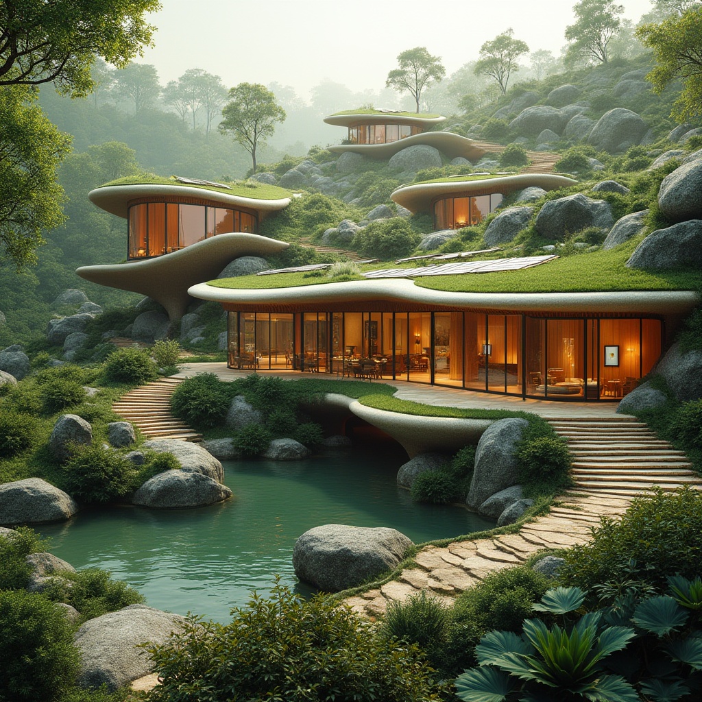 Prompt: Organic architecture, successful case studies, modern buildings, green roofs, solar panels, sustainable materials, natural ventilation, earthy tones, curved lines, futuristic, biomimetic design, integration with nature, seamless transition between indoors and outdoors, lush vegetation, tranquil atmosphere, warm lighting, 3/4 composition, panoramic view, soft focus background.