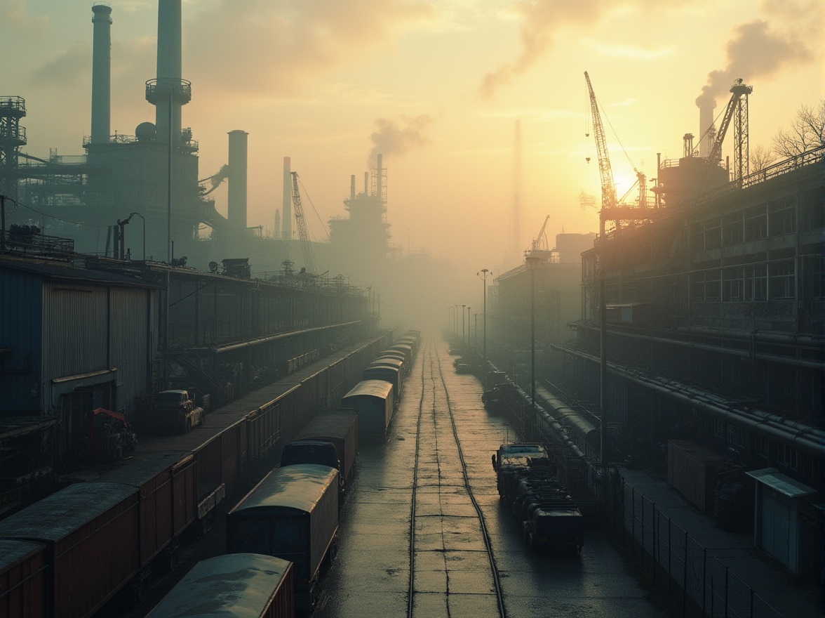 Prompt: Industrial area, urban landscape, factories, warehouses, cranes, pipes, metallic structures, concrete roads, chain-link fences, industrial vehicles, smokestacks, misty atmosphere, early morning, golden hour, low-angle shot, dramatic lighting, cinematic composition.