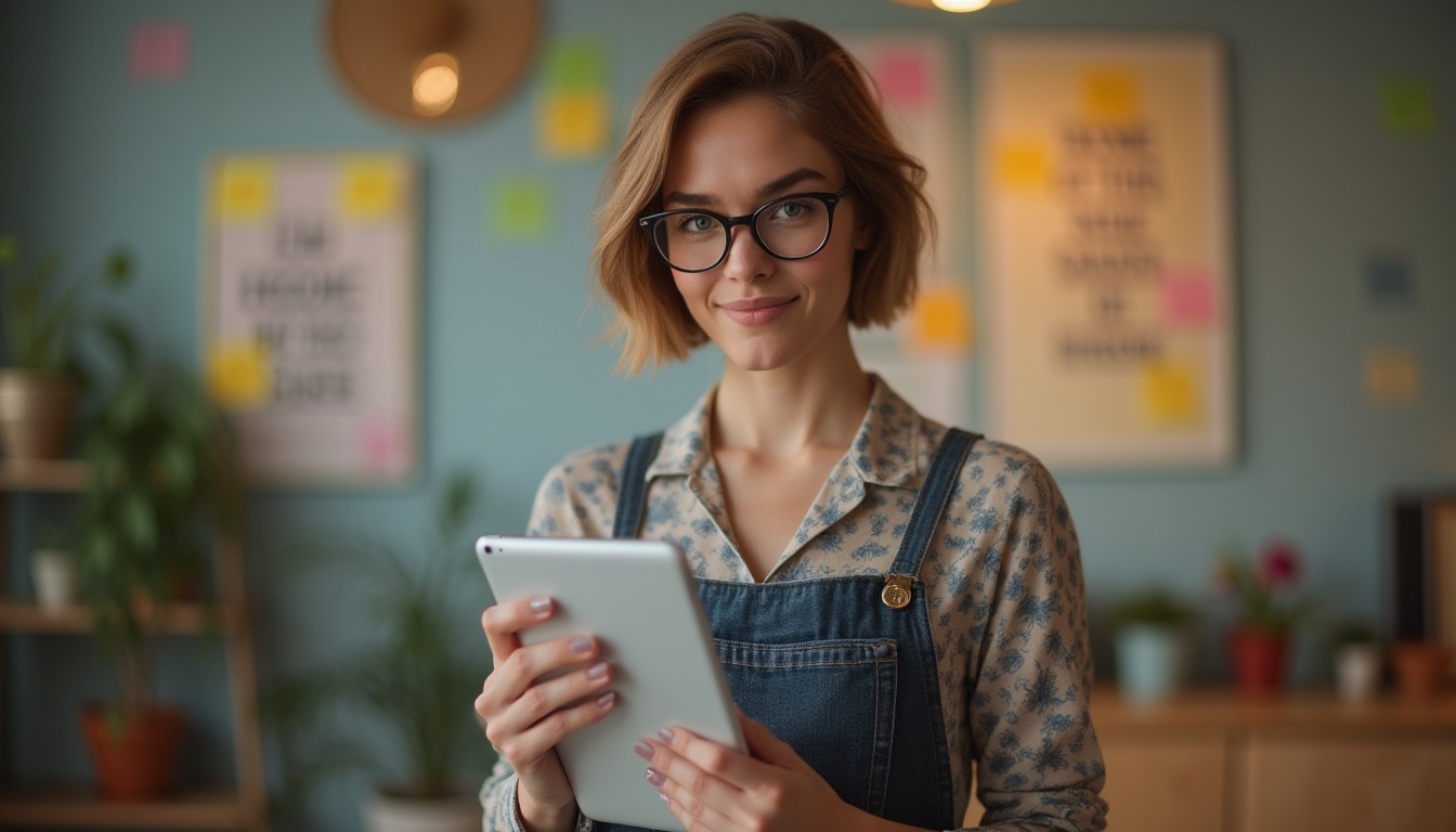 Prompt: A modern designer, 30yo, elegant makeup, short bobbed hair, stylish glasses, fashionable clothing, holding a tablet, standing, creative studio, wooden desk, inspirational quotes on the wall, colorful sticky notes, abstract artwork, warm lighting, 3/4 composition, blurred background, shallow depth of field, vibrant colors, natural facial expression, subtle smile, gentle eyebrows, soft focus, filmic texture.