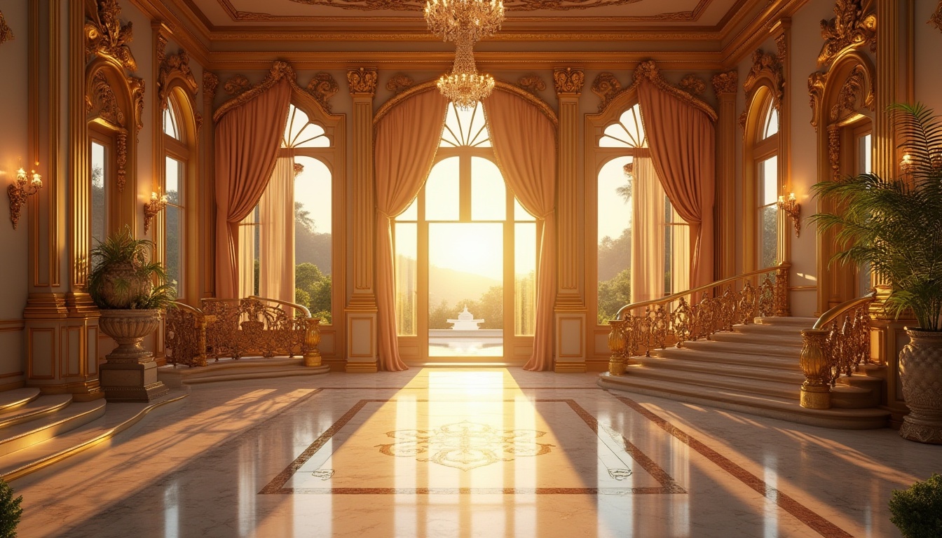 Prompt: Golden luxury villa, Mediterranean style, intricate golden ornaments, grand entrance, marble floors, high ceilings, large windows, panoramic view, warm sunset lighting, soft focus, shallow depth of field, ornate golden railings, curved staircases, lavish furnishings, velvet drapes, crystal chandeliers, majestic columns, statues in the garden, beautiful detailed textures, realistic reflections, cinematic composition, atmospheric perspective.