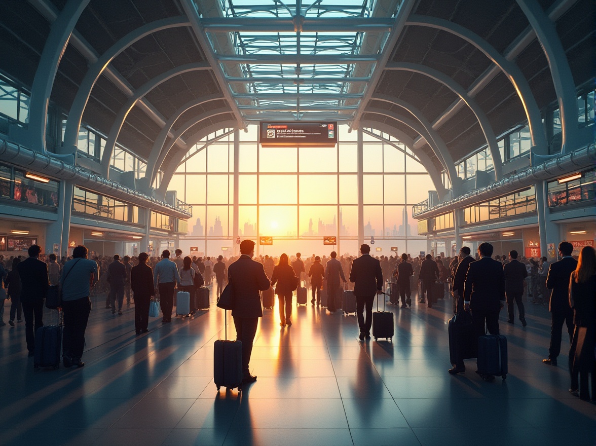 Prompt: Modern transportation hub, busy atmosphere, futuristic architecture, steel beams, glass ceilings, LED lights, bustling crowd, travelers with suitcases, businessmen on phones, departures board, arrival announcements, cityscape view, skyscrapers in background, urban jungle, warm lighting, shallow depth of field, cinematic composition, afternoon sun, realistic textures.