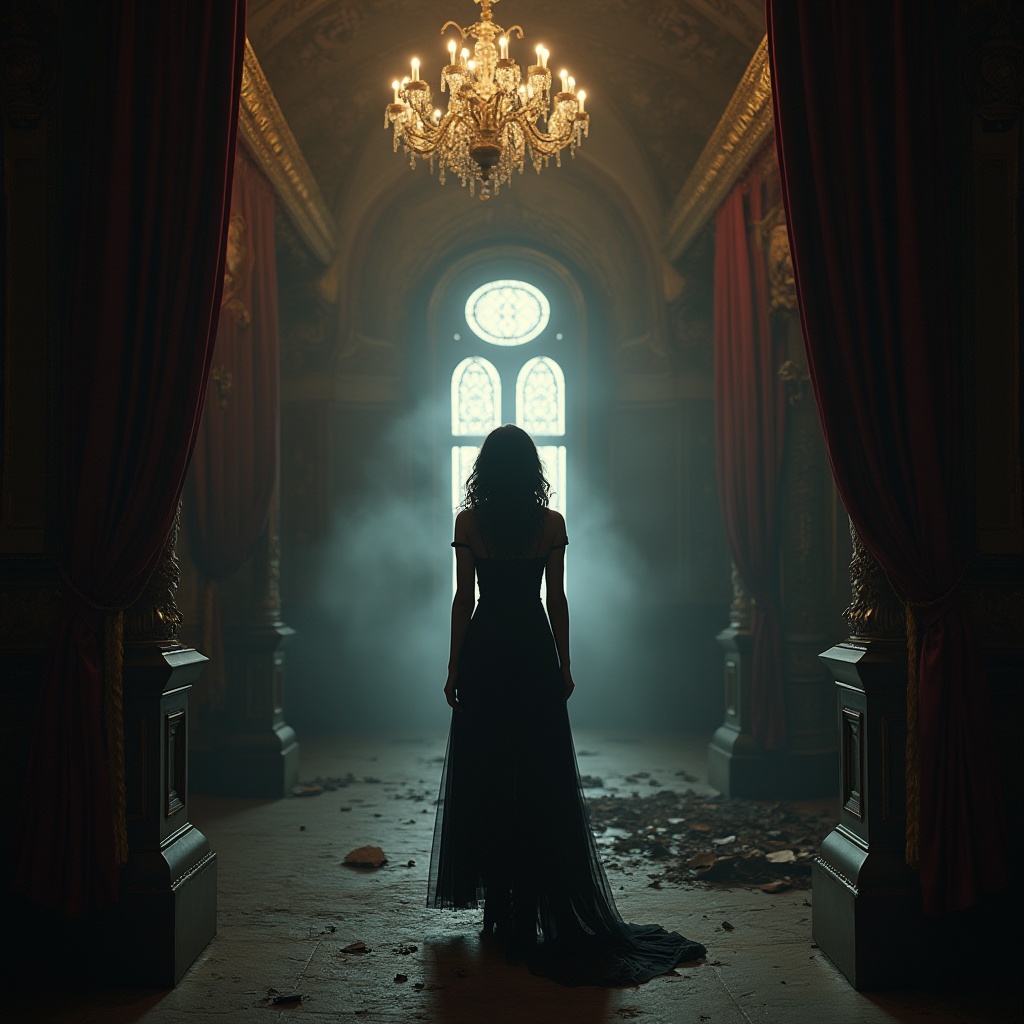 Prompt: Gothic cinema, mysterious atmosphere, dark tone, successful case studies, ornate decorations, Baroque architecture, grand chandelier, red velvet curtains, luxurious golden details, dimmed lighting, foggy mist, eerie shadows, abandoned old mansion, mysterious woman in black dress, standing alone, dramatic pose, high heels, long curly hair, pale skin, bold eyeliner, cinematic composition, 3/4 view, low-angle shot, dark academia, mysterious artifacts, old books, ancient scrolls, mystical symbols.