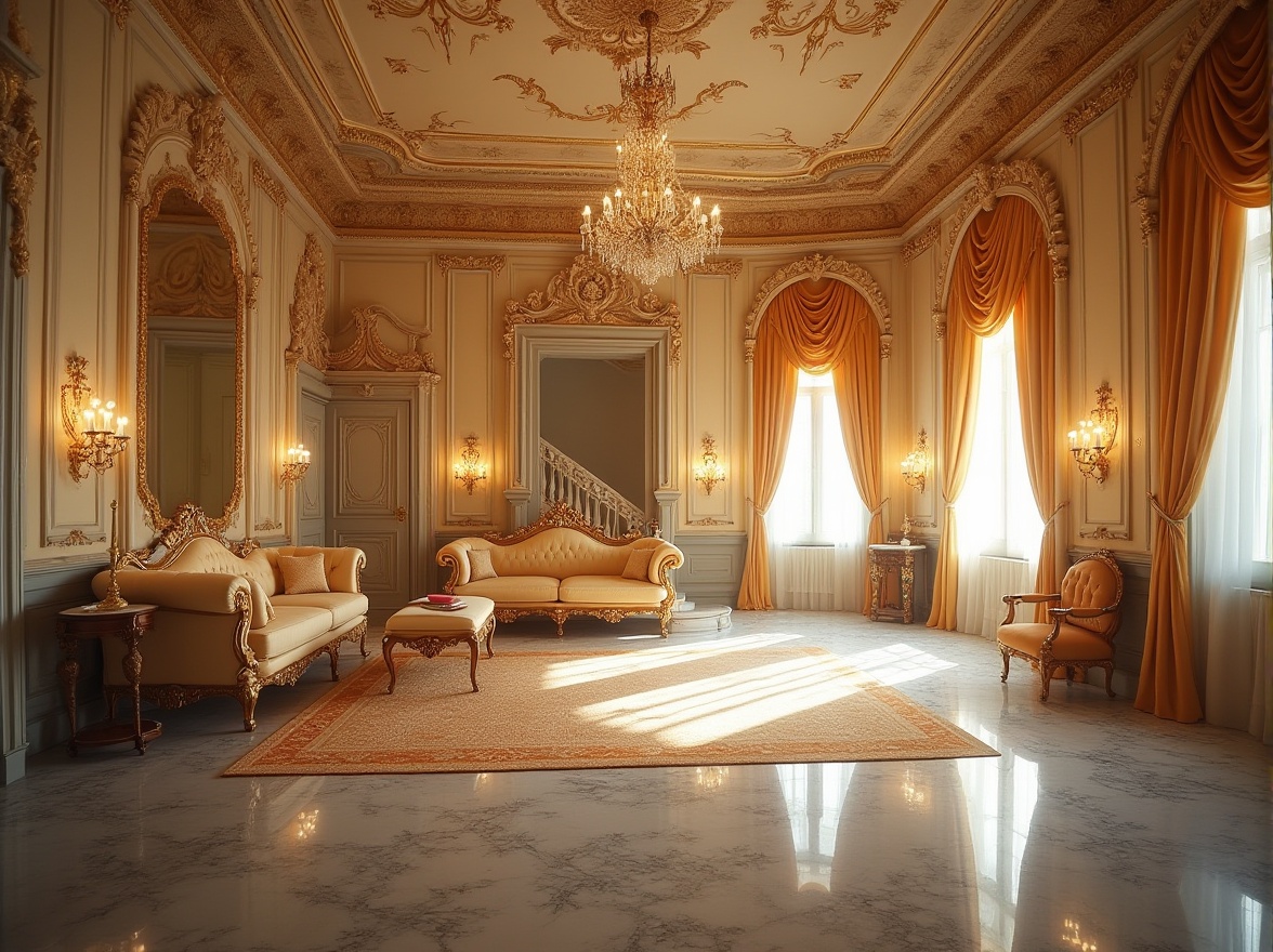 Prompt: Baroque interior, ornate decoration, luxurious furniture, cream-colored walls, gold leaf accents, intricate carvings, velvet upholstery, crystal chandelier, marble floor, grand staircase, lavish curtains, regal atmosphere, 17th-century European palace, soft warm lighting, detailed textures, high contrast, dramatic shadows, cinematic composition, fish eye lens.