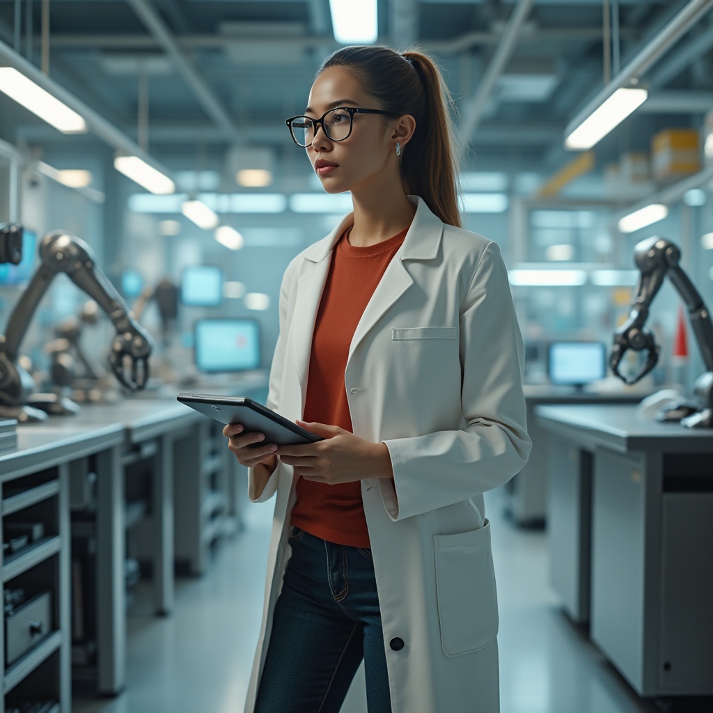 Prompt: Emotional design, futuristic laboratory, beautiful detailed female designer, 25yo, ponytail, black rimmed glasses, elegant makeup, white coat, red inner shirt, dark blue jeans, sneakers, holding a tablet, standing, surrounded by futuristic gadgets, holographic screens, robotic arms, metallic tables, softbox lighting, warm color tone, cinematic composition, shallow depth of field, realistic, ambient occlusion, 3/4 view.