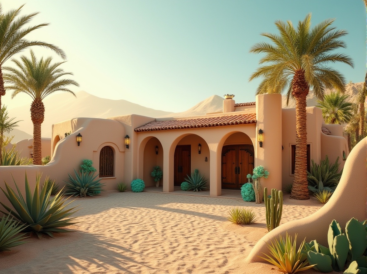 Prompt: Desert villa, Gainsboro color, warm beige stucco walls, curved arches, terracotta roof tiles, lush green palm trees, cacti, succulents, vibrant turquoise accents, rustic wooden doors, ornate metal lanterns, soft golden lighting, warm afternoon sun, sandy dunes in background, vast open spaces, minimalistic composition, cinematic depth of field.