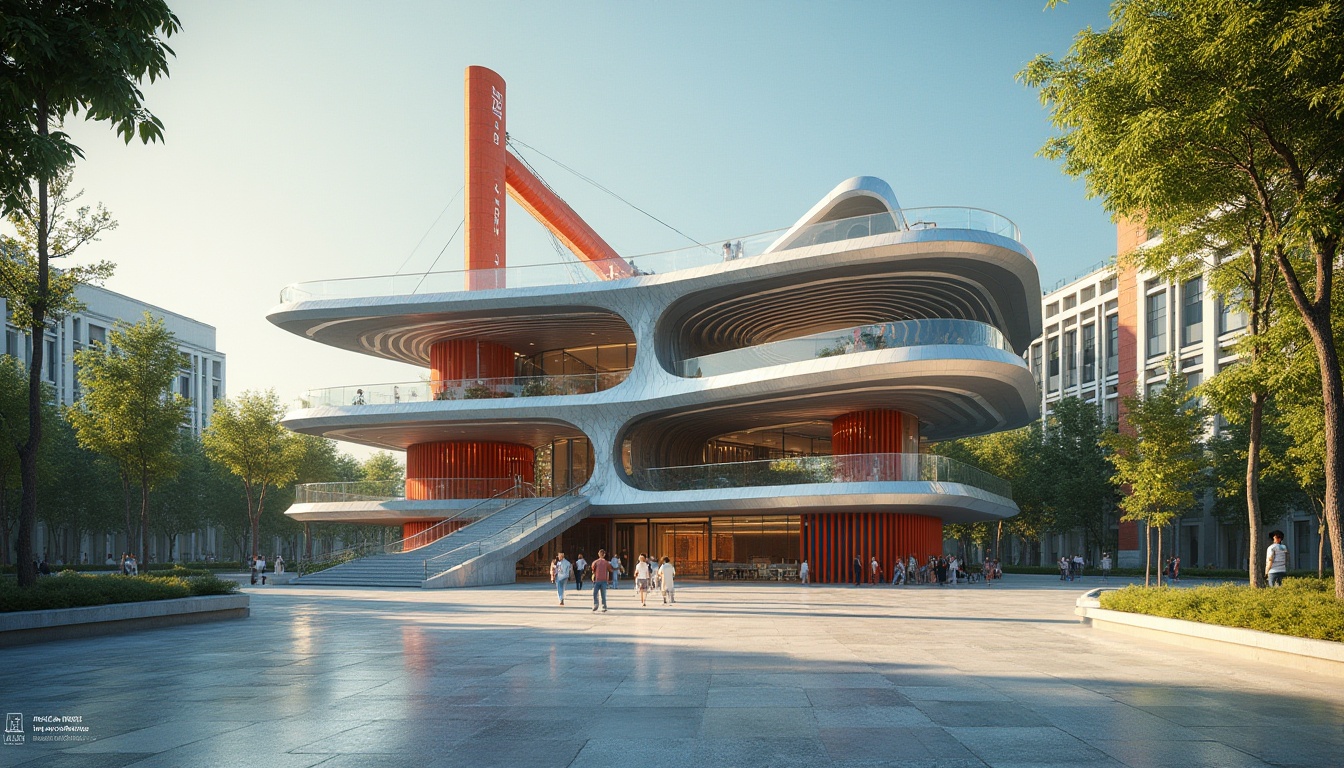 Prompt: Futuristic pavilion, Bauhaus style, geometric shapes, metallic structure, glass roof, minimalist decorations, bold color accents, clean lines, open floor plan, natural light pouring in, surrounding futuristic trees, urban park setting, sunny day, dramatic shadows, 3/4 composition, low-angle shot, cinematic lighting.