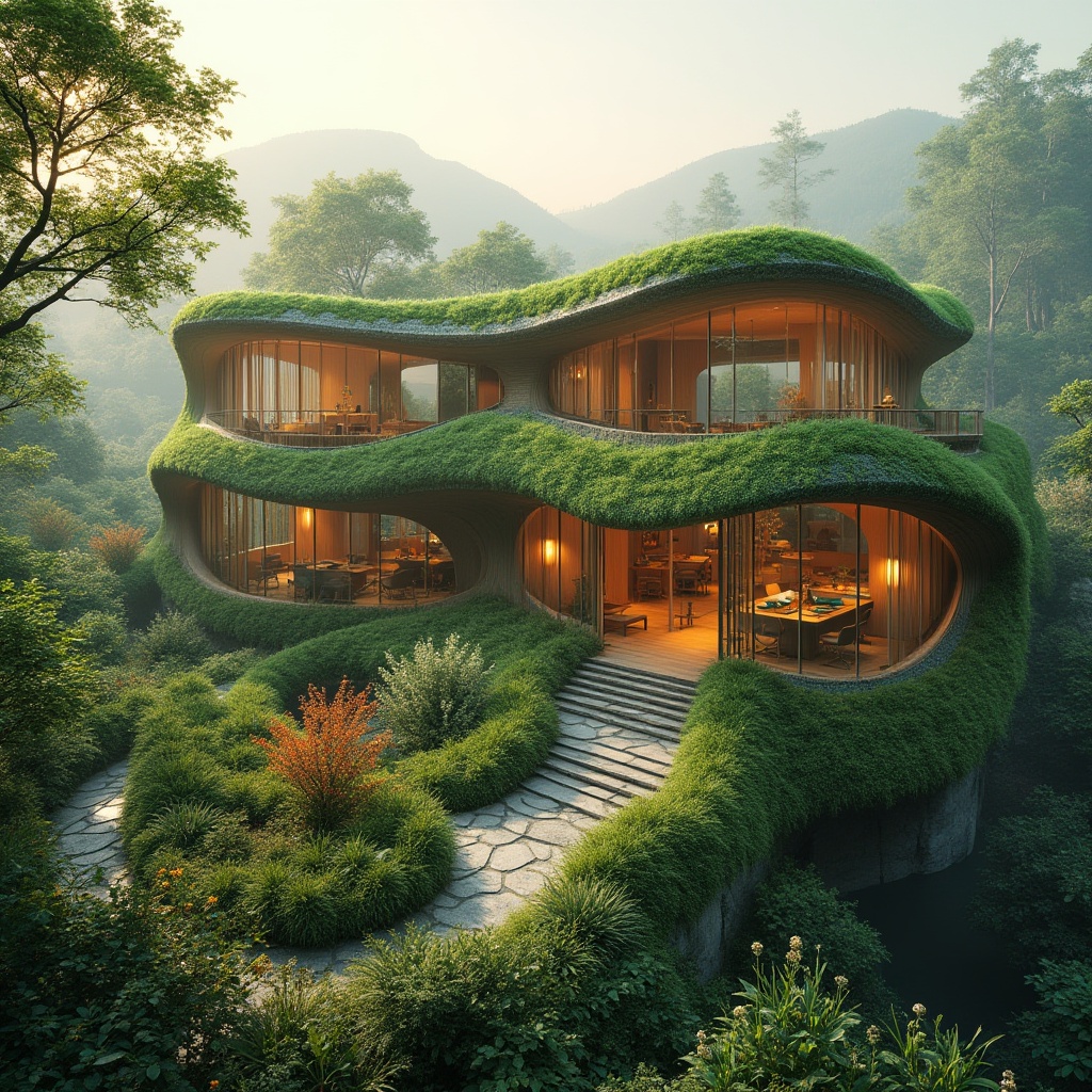 Prompt: Organic architecture, futuristic building, curvy lines, green walls, sustainable materials, natural ventilation, passive solar design, earthy tone, lush vegetation, vibrant flowers, unique structure, innovative design, eco-friendly, environmentally conscious, serene atmosphere, harmonious coexistence with nature, panoramic view, drone shot, cinematic composition, dramatic lighting, warm ambient glow.