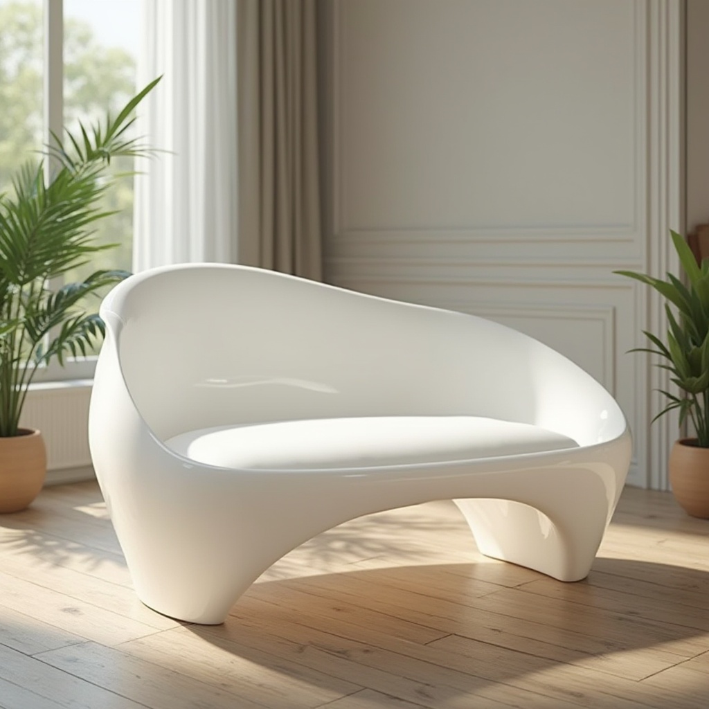 Prompt: Modern interior design, Polyethylene material, white, translucent, smooth texture, minimalist style, sleek lines, curved shape, coffee table, living room, Scandinavian decor, wooden floor, green plants, natural light, softbox lighting, 45-degree angle shot, warm tone, shallow depth of field.