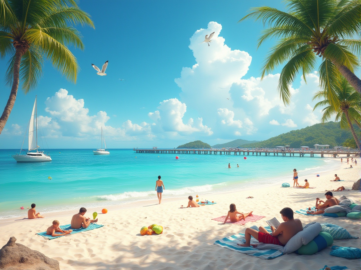 Prompt: Serene beach scene, warm sunny day, gentle ocean breeze, clear turquoise water, soft powdery white sand, few seagulls flying overhead, palm trees swaying gently, colorful beach balls and inflatables scattered, a few sailboats and yachts in the distance, a wooden pier stretching into the sea, people relaxing on beach towels, reading books or taking naps, children building sandcastles, soft gentle waves rolling onto the shore, warm sunlight casting long shadows, 3/4 composition, shallow depth of field, vivid colors, cinematic lighting.