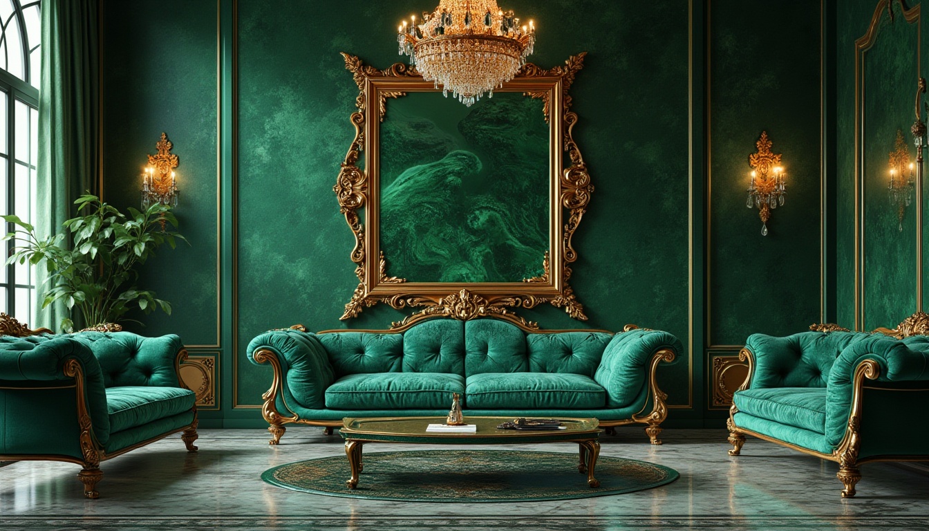 Prompt: Malachite-inspired design, luxurious interior, vibrant green walls, ornate golden frame, lavish furniture, velvet upholstery, intricate patterns, copper accents, marble floor, crystal chandelier, opulent atmosphere, warm lighting, 3/4 composition, shallow depth of field, high-end decor, regal ambiance.