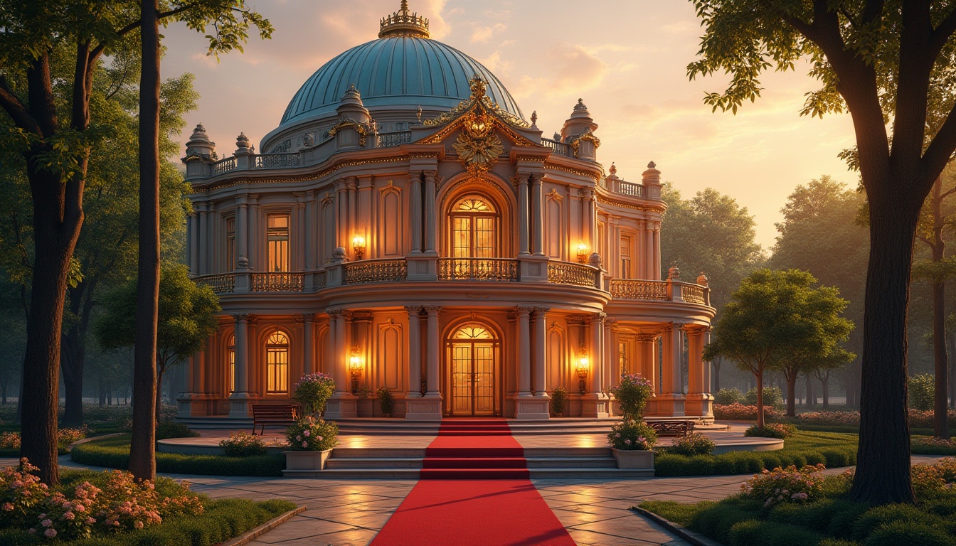 Prompt: Grand opera house, luxurious architecture, domed roof, ornate details, grand staircase, red carpet, golden decorations, crystal chandelier, evening scene, sunset lighting, peaceful park setting, lush greenery, tall trees, walking paths, benches, flowers blooming, serene atmosphere, soft focus, warm ambient light, cinematic composition, 3/4 view, establishing shot.