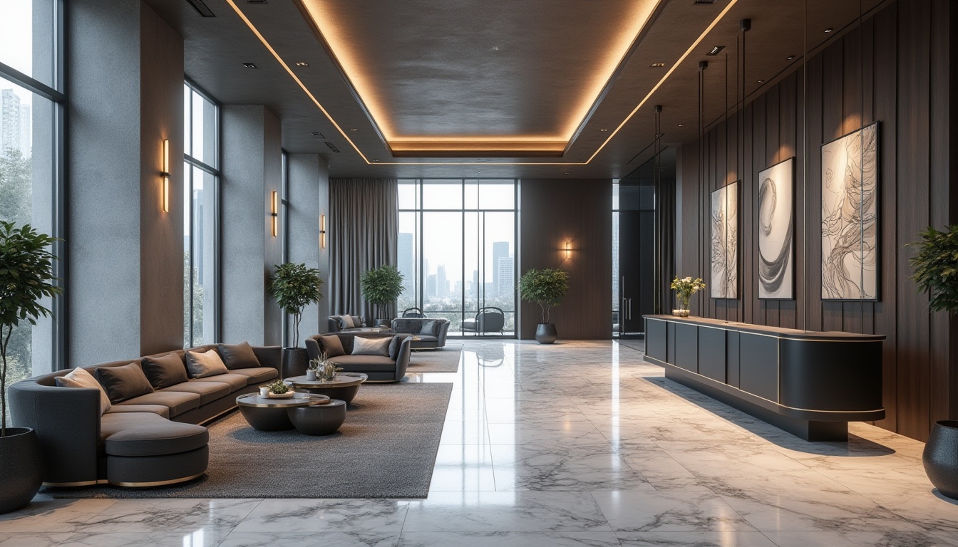 Prompt: Modern hotel lobby, gray tone color palette, sleek minimalist furniture, geometric patterns, marble flooring, floor-to-ceiling windows, natural light pouring in, abstract art pieces on walls, luxurious velvet sofas, metallic accents, subtle ambient lighting, 3/4 composition, wide-angle shot, panoramic view, urban cityscape outside.