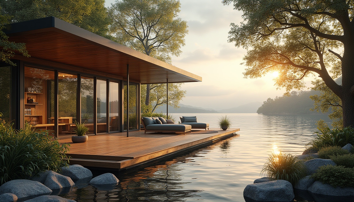 Prompt: Lakefront living, social housing, modern villa, large glass windows, wooden decks, outdoor furniture, scenic views, calm lake waters, surrounding trees, lush greenery, sunny afternoon, soft warm lighting, 3/4 composition, panoramic view, ambient atmosphere, cozy interior design.