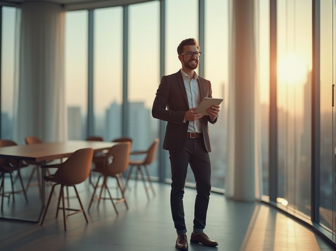 Prompt: Modern designer, elegant hair, stylish glasses, subtle smile, professional attire, blazer, white shirt, fitted trousers, leather shoes, holding a tablet, standing, sleek conference room, wooden table, minimalist chairs, cityscape view, floor-to-ceiling windows, daylight pouring in, warm and soft ambient lighting, shallow depth of field, cinematic composition.