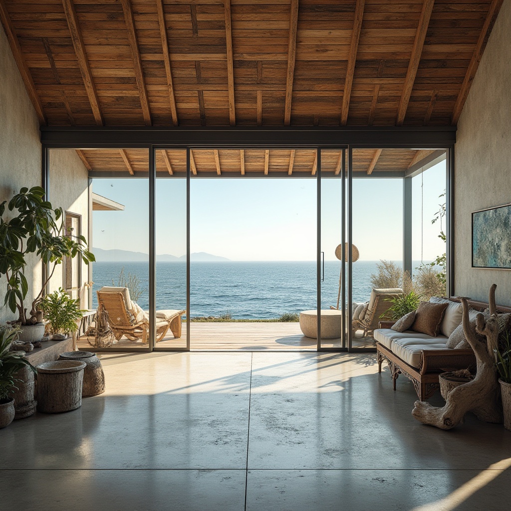 Prompt: Beach modernism, galvanized steel, weathered wood, ocean view, coastal villa, large windows, sliding glass doors, minimalist interior, polished concrete floor, industrial chic decor, metal accents, distressed finishes, reclaimed wood furniture, nautical ropes, potted succulents, driftwood sculptures, panoramic views, bright natural light, soft focus, warm afternoon sun, cinematic composition, shallow depth of field.