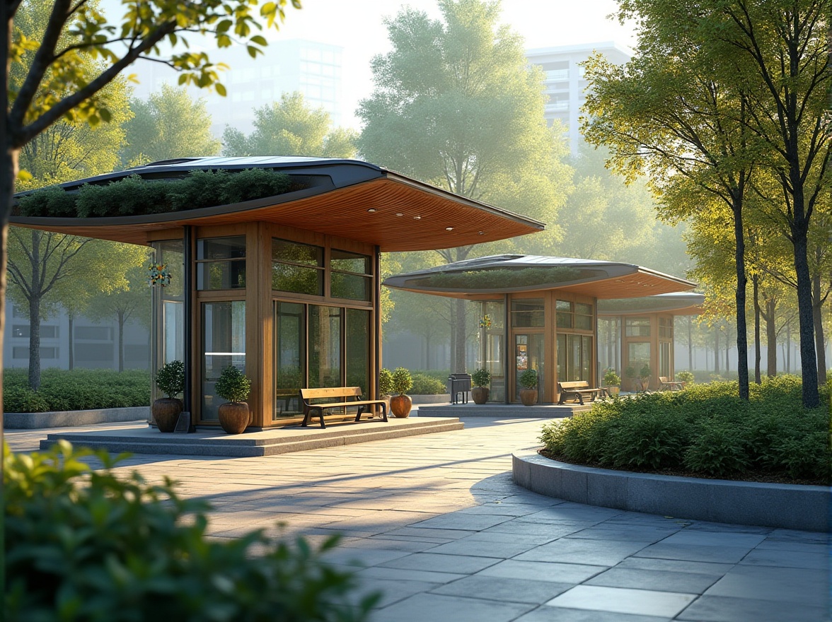 Prompt: Modern bus station, sustainable design, futuristic architecture, green roof, solar panels, recycling bins, energy-efficient LED lights, large windows, natural ventilation, wooden benches, plants, trees, urban forest, busy street, cityscape, morning light, soft focus, shallow depth of field, cinematic composition, symmetrical framing.