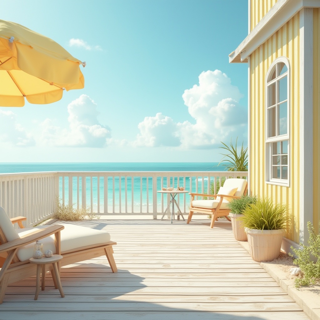 Prompt: Coastal scenery, light yellow tone, beach house, wooden deck, white railings, nautical ropes, seashells, starfish, sunny day, clear blue sky, few puffy clouds, gentle sea breeze, soft warm lighting, relaxed atmosphere, minimal composition, shallow depth of field, natural texture, wooden planks, sandy dunes, beach towels, sunglasses, casual summer clothing.