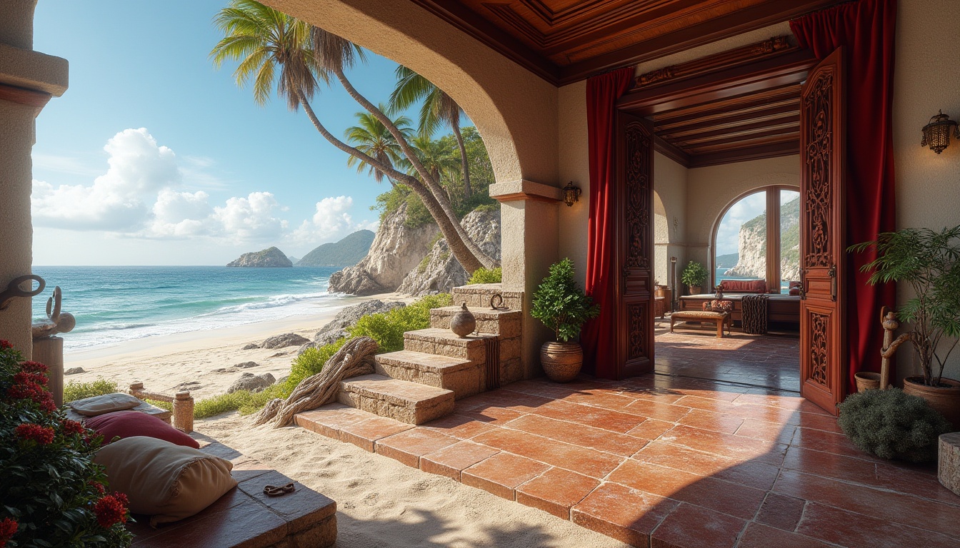 Prompt: Burgundy accent, coastal scenery, luxurious villa, Mediterranean style, sandy beach, gentle waves, clear blue sky, puffy white clouds, driftwood, vintage nautical ropes, rusty anchors, worn stone steps, ornate bronze door handles, lavish interior, velvet pillows, rich wood flooring, floor-to-ceiling windows, panoramic ocean view, warm golden lighting, dramatic shadows, atmospheric mist, 3/4 composition, shallow depth of field.