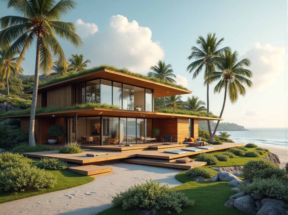 Prompt: Coastal architecture, eco-friendly building, sustainable practices, modern design, large windows, solar panels, green roof, recycled materials, wooden accents, minimalist interior, beachside, ocean view, palm trees, sandy dunes, gentle breeze, soft natural light, serene atmosphere, 3/4 composition, warm colors, textures of wood and stone.