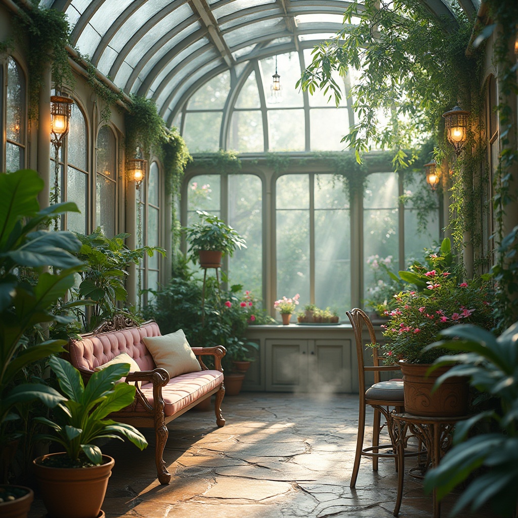 Prompt: Unique greenhouse interior, heliotrope color scheme, pastel pink accents, lush greenery, exotic plants, delicate vines crawling up glass walls, wooden planters with ornate carvings, softbox lighting, warm ambient glow, misty atmosphere, dew droplets on leaves, natural stone flooring, elegant wrought iron furniture, subtle steam rising from the ground, serene ambiance, cinematic composition, 3/4 angle view, shallow depth of field.