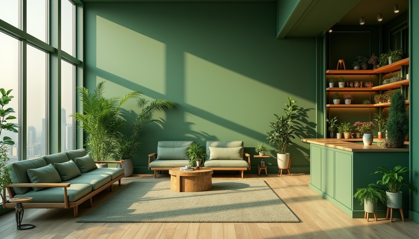 Prompt: Green color, calming atmosphere, modern interior design, natural material, wooden furniture, plants on shelves, minimalist decor, floor-to-ceiling windows, natural light pouring in, urban skyscraper view, evening ambiance, warm softbox lighting, 3/4 composition, shallow depth of field, vibrant green walls, geometric patterns, abstract shapes, futuristic vibe, sleek lines, metallic accents, eco-friendly products, recycled materials.