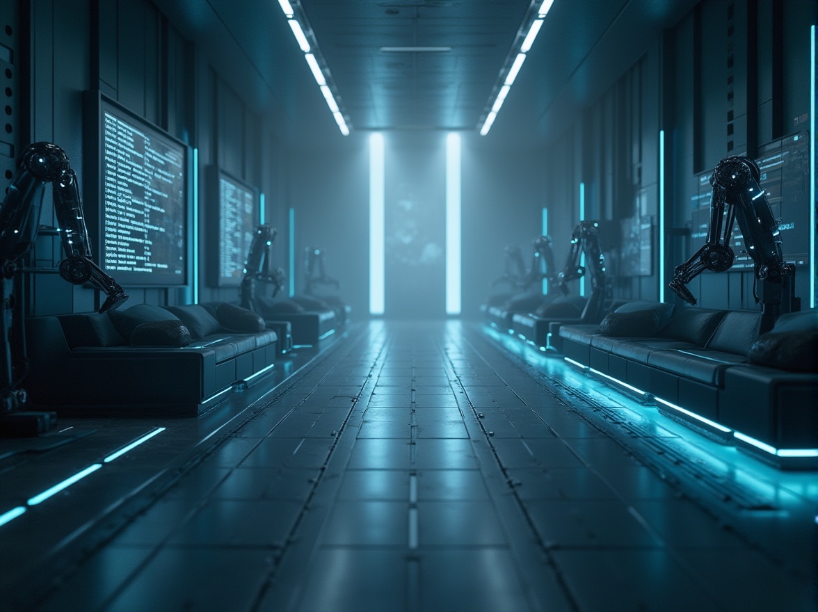 Prompt: High-tech futuristic scene, dark gray tone background, metallic gray floors, walls with neon blue accents, sleek silver lines, minimalist modern furniture, abstract geometric shapes, holographic screens displaying code, futuristic robotic arms, LED lights embedded in walls, foggy atmosphere, misty ambiance, low-key lighting, cinematic composition, shallow depth of field.