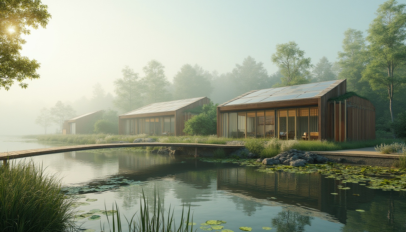 Prompt: Eco-friendly building, wetland integration, modern architecture, green roof, solar panels, recycled materials, wooden bridge, connecting buildings, surrounded by marsh, cattails, water lilies, calm lake, misty morning, soft sunlight, 3/4 composition, symmetrical balance, nature-inspired design, sustainable living, futuristic ambiance, gentle ripples on the water surface.