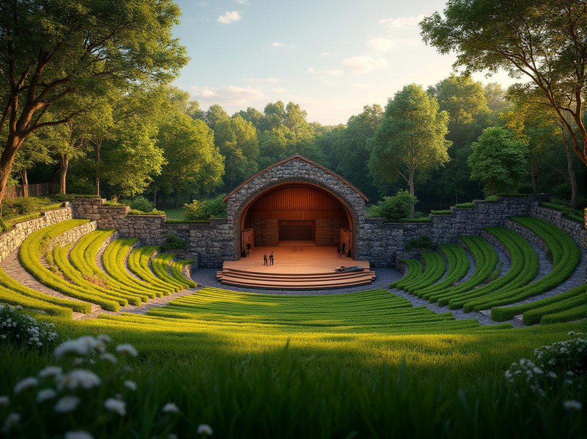 Prompt: Suburban area, amphitheater design, greenery surroundings, sloping grass seats, wooden stage, natural stone walls, lush trees canopy, vibrant flower beds, serene atmosphere, warm sunlight, soft shadows, gentle breeze, community gathering, outdoor performance, evening concert, romantic ambiance, warm lighting, panoramic view, 3/4 composition, cinematic mood.