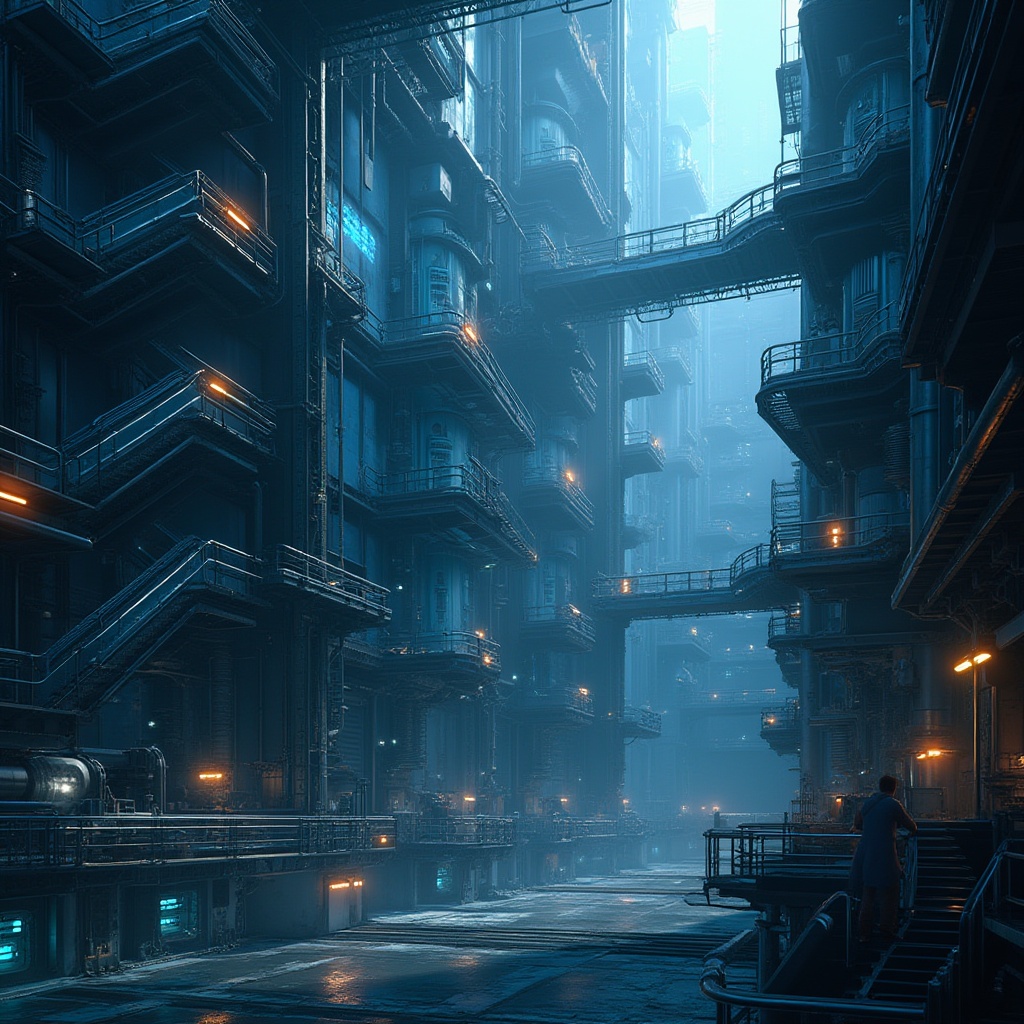 Prompt: Industrial futuristic energy plant, structuralism style, sleek metallic framework, glowing blue accents, intricate piping systems, massive turbines, spiral staircases, angular architecture, reflective surfaces, high-tech machinery, neon-lit catwalks, atmospheric mist, dramatic lighting, low-angle shot, cinematic composition, detailed textures, 3D modeling.