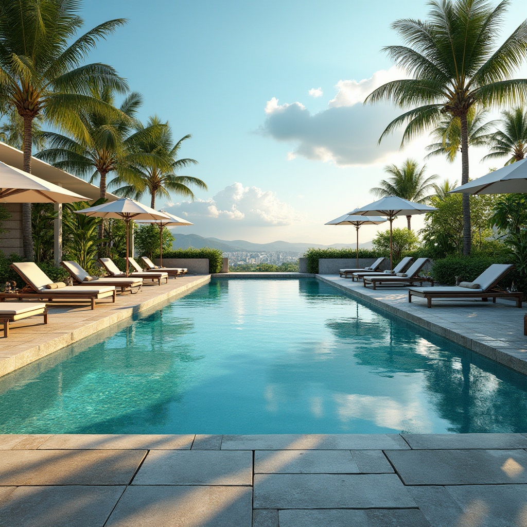 Prompt: Luxurious backyard, natural stone pool deck, turquoise water, infinity edge, overflow system, modern sleek lounge chairs, umbrella tables, lush greenery surroundings, palm trees swaying gently, sunny warm afternoon, soft blue sky with few white clouds, distant cityscape view, 3/4 composition, shallow depth of field, vibrant colors, cinematic ambiance.