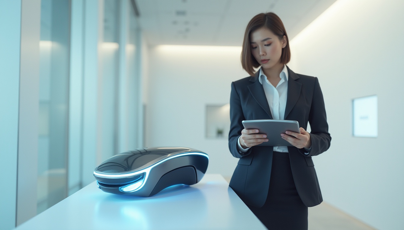 Prompt: Expressive product design, futuristic gadget, sleek metallic body, glowing blue LED lights, minimalist white background, subtle gradient effects, modern conference room setting, professional businesswoman, 30s, short brown hair, subtle makeup, formal black blazer, white blouse, pencil skirt, high heels, confident pose, hands holding tablet, facial close-up, shallow depth of field, cinematic lighting, warm color tone.