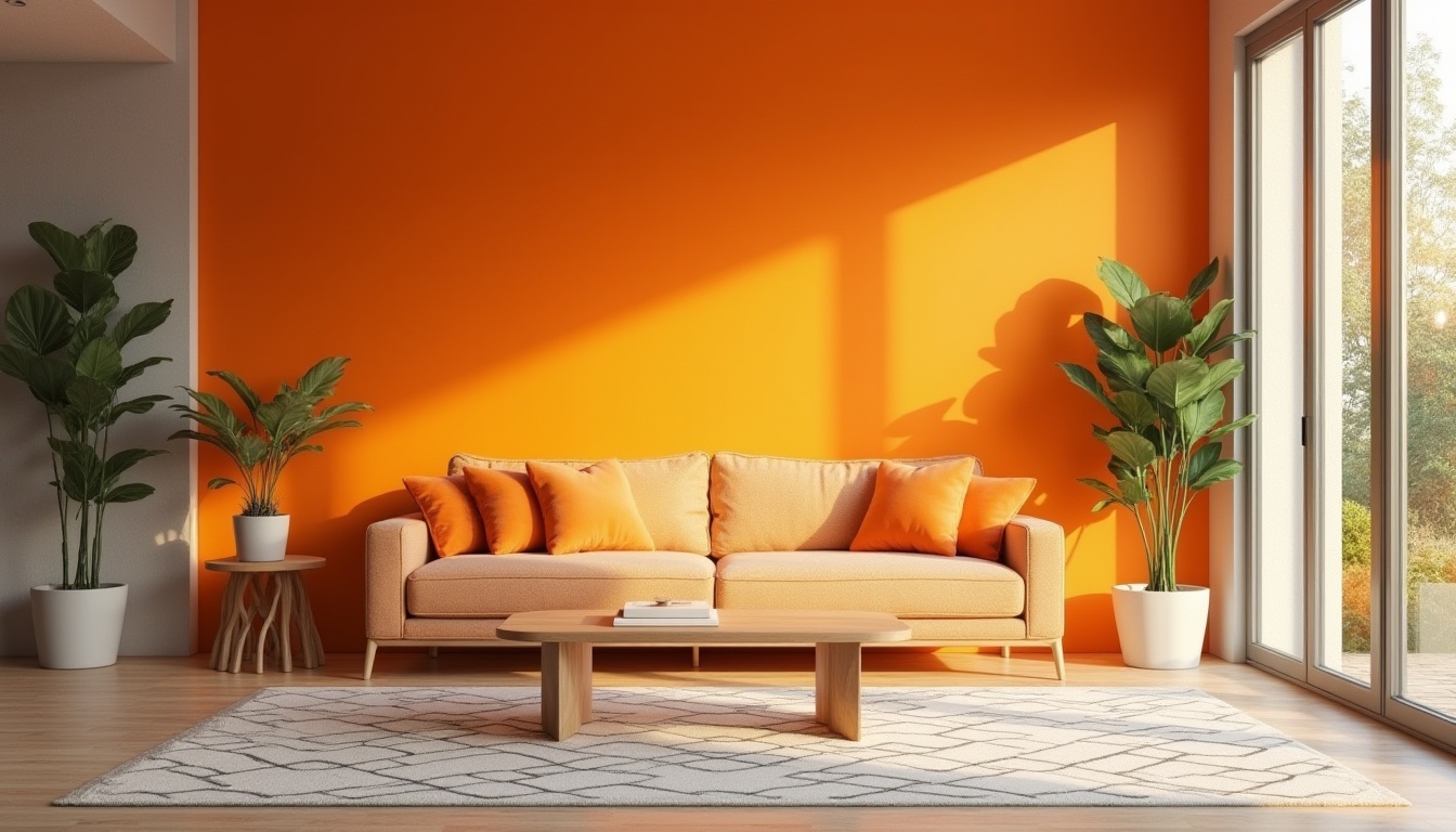 Prompt: Vibrant tangerine accent wall, minimalist modern living room, sleek low-profile sofa, matching tangerine throw pillows, geometric patterned rug, floor-to-ceiling windows, natural daylight, subtle shadows, Scandinavian-inspired wooden coffee table, few potted plants, sparse decorative objects, calm atmosphere, soft focus, warm lighting.