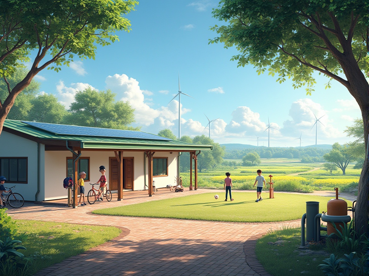 Prompt: Rural farmland setting, modern school building, white walls, green roofs, solar panels, large windows, wooden doors, brick pavement, surrounded by lush green fields, distant windmills, clear blue sky, fluffy white clouds, students playing soccer in the courtyard, teacher observing from the sidelines, bicycles parked near the entrance, rusty water pumps, old oak tree shading the playground, afternoon warm sunlight, soft focus on the background, peaceful atmosphere, 3/4 composition, natural lighting.