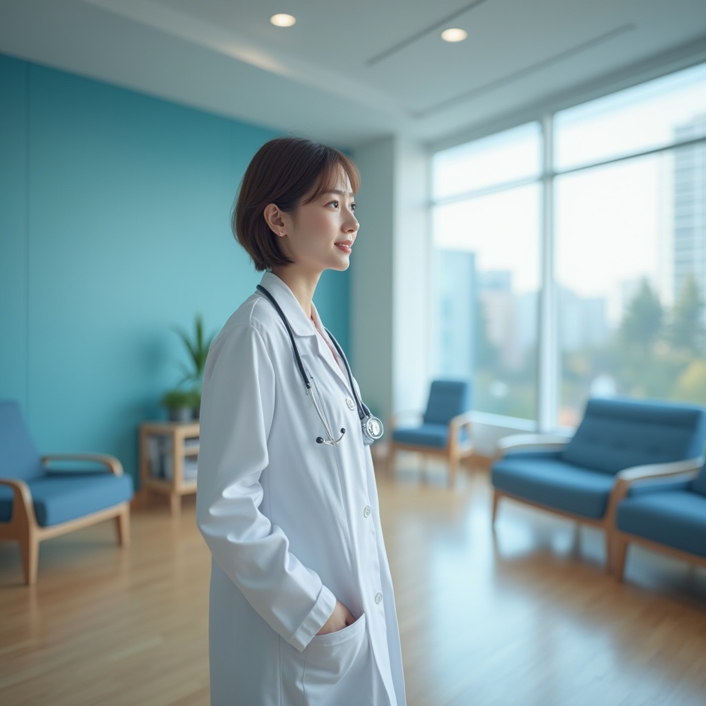 Prompt: Calming hospital interior, blue accent wall, soothing atmosphere, medical equipment, doctor in white coat, stethoscope around neck, gentle smile, subtle makeup, short hair, soft lighting, 3/4 composition, warm wooden floor, modern furniture, minimal decor, peaceful waiting area, panoramic view of cityscape outside large windows, natural light pouring in, subtle blue tone in furniture and decor, calming ambiance, serene background, shallow depth of field, realistic rendering.