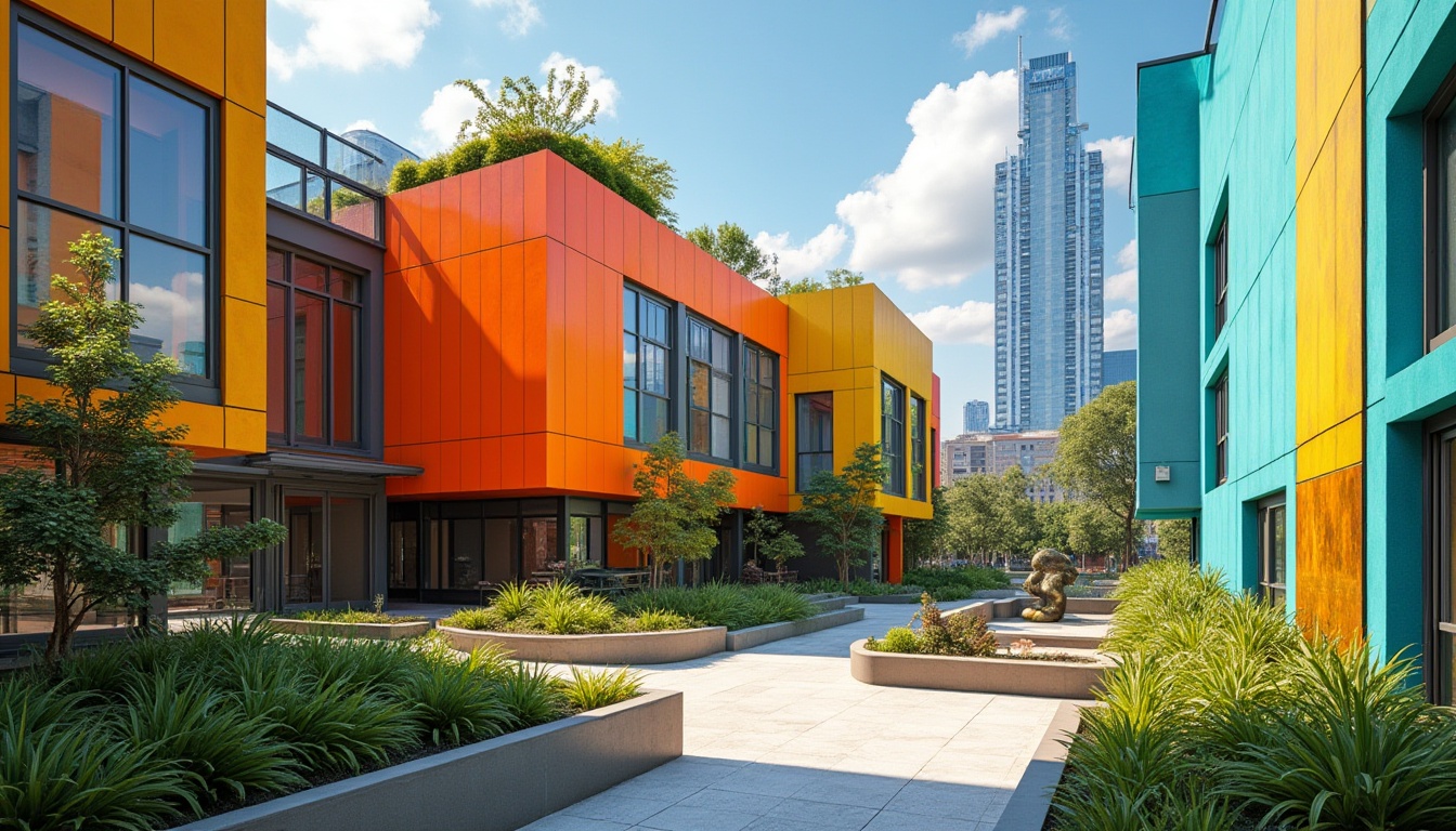 Prompt: Colorful modern building, vibrant urban landscape, bright sunny day, warm natural light, bold colorful facade, glass windows, metal frames, sleek minimalist design, green rooftop garden, lush plants, abstract sculpture, city skyline view, 3/4 composition, low-angle shot, dramatic shadows, high-contrast lighting, HDR effect.