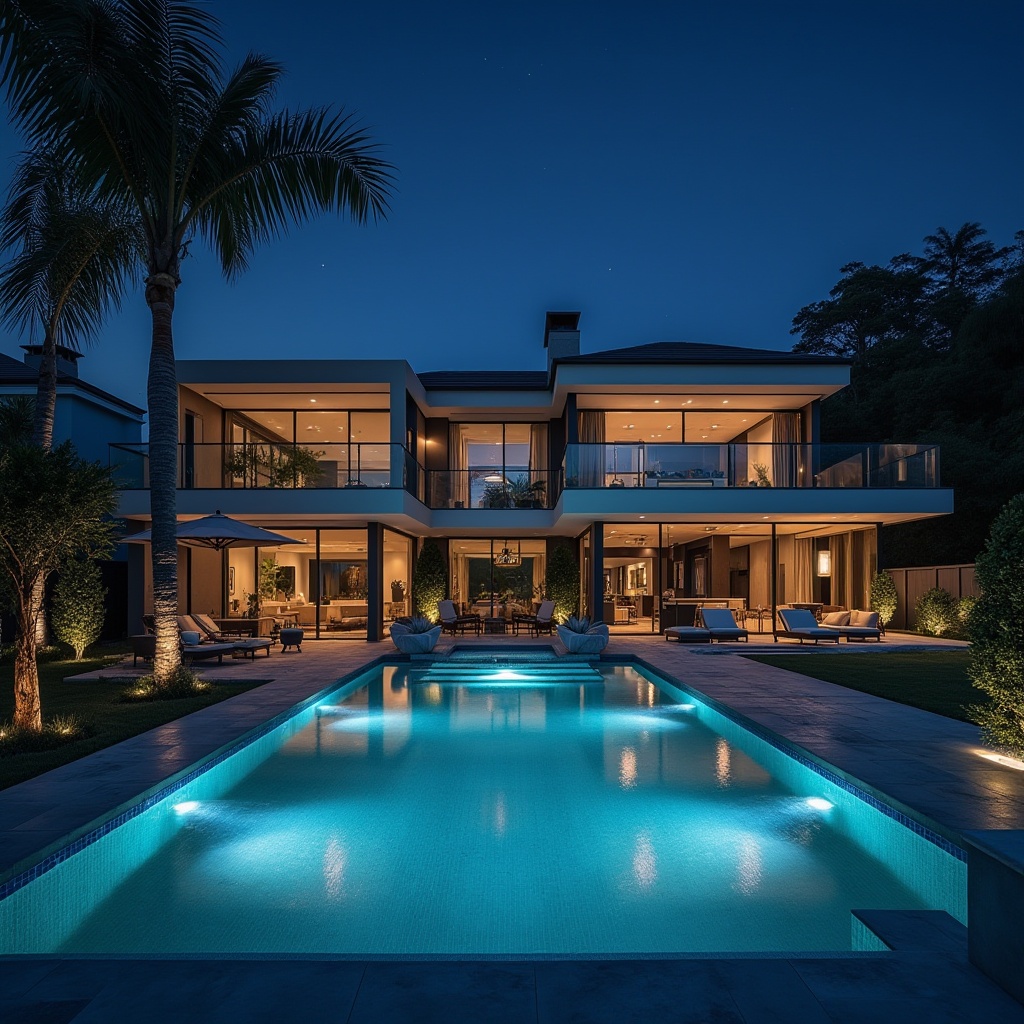 Prompt: Dark Cyan, luxurious villa, backyard oasis, pool transformation, modern architecture, sleek lines, glass fence, tropical plants, palm trees, water features, LED underwater lights, night scene, stars in the sky, soft focus, warm ambiance, tranquil atmosphere, 3/4 composition, shallow depth of field.