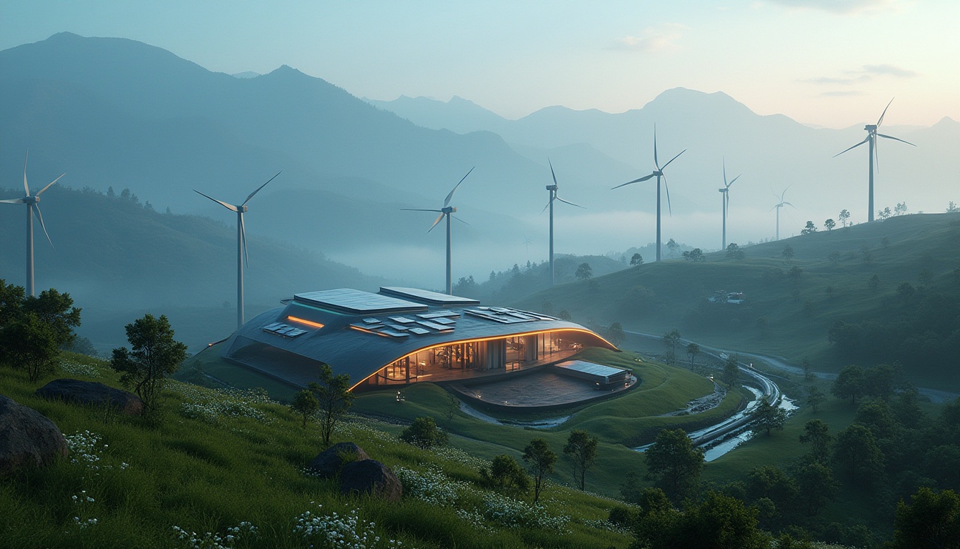 Prompt: Rural futuristic landscape, blending nature with high-tech design, rolling hills, wind turbines, solar panels, neon lights, misty atmosphere, distant mountains, futuristic farmhouse, metal and glass materials, sleek lines, minimalist decor, robotic farming tools, holographic agricultural displays, levitating drones, lush greenery, wildflowers, sparkling waterfalls, serene ambiance, 3/4 composition, cinematic lighting, HDR, panoramic view.