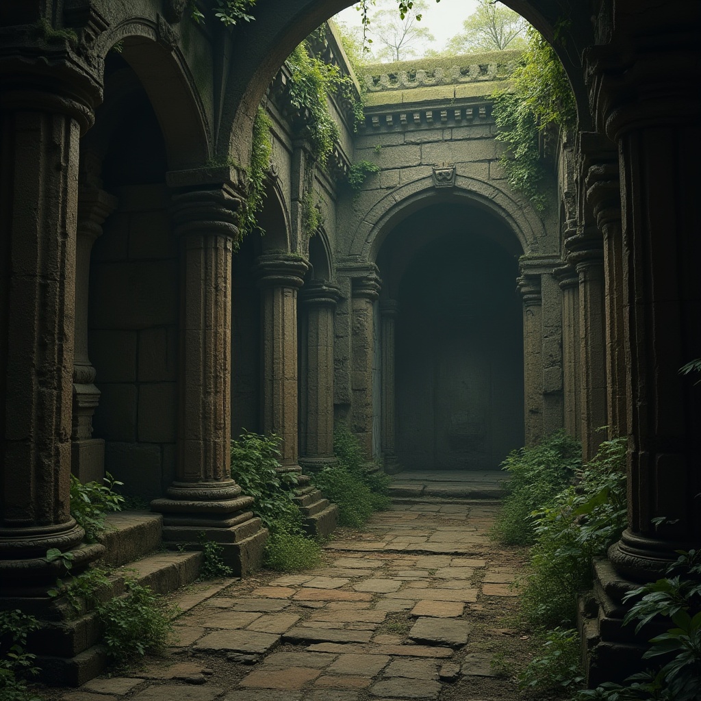 Prompt: Ancient ruins, mysterious temple, stone structure, intricate carvings, rugged texture, earthy tone, moss-covered walls, vines entwined columns, dim lighting, misty atmosphere, mystical ambiance, warm color palette, detailed stonework, ornate doorways, crumbling arches, overgrown with foliage, abandoned relics.