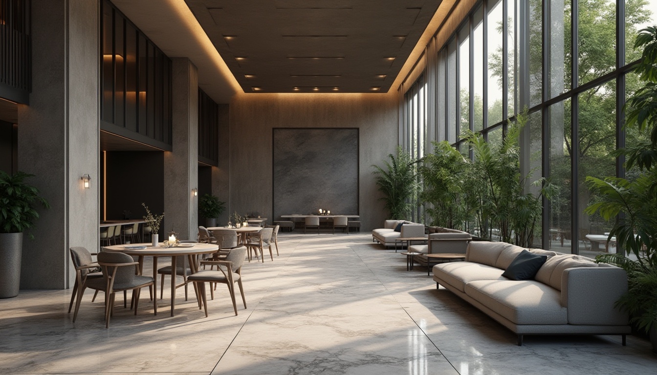 Prompt: Modern hospitality space, gray color palette, minimalist decor, sleek lines, luxurious ambiance, spacious lobby, high ceiling, marble flooring, geometric patterns, soft LED lighting, comfortable sofas, metallic accents, greenery walls, natural textures, urban jungle atmosphere, 3/4 composition, shallow depth of field, warm tone, cinematic mood.