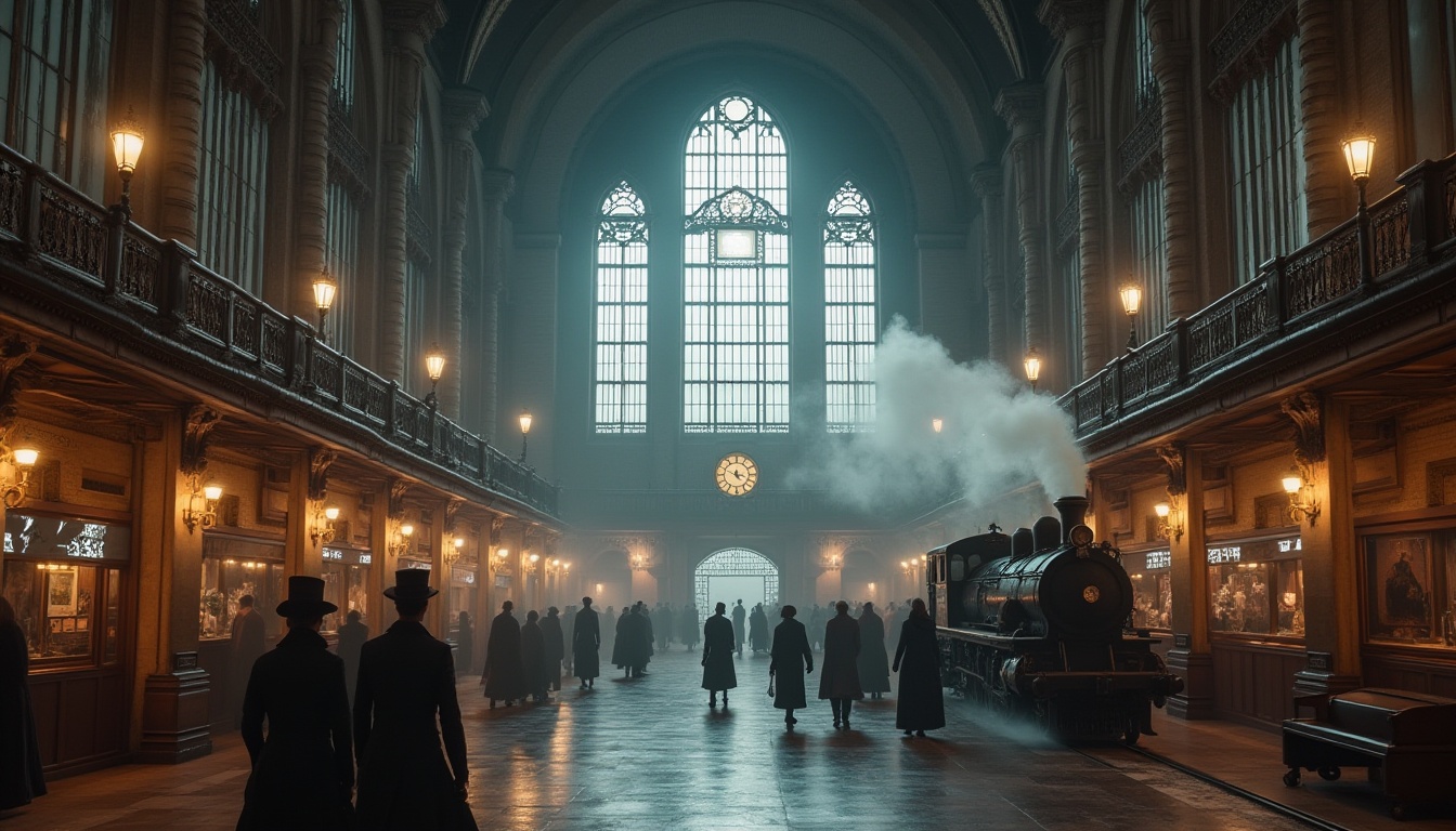 Prompt: Gothic style train station, grandiose architecture, limestone walls, ribbed vaults, flying buttresses, stained glass windows, intricate carvings, dramatic lighting, high ceilings, ornate chandeliers, old clock tower, steam locomotive, vintage luggage carts, passengers in 19th century attire, atmospheric fog, misty morning, warm interior lighting, symmetrical composition, low-angle shot.