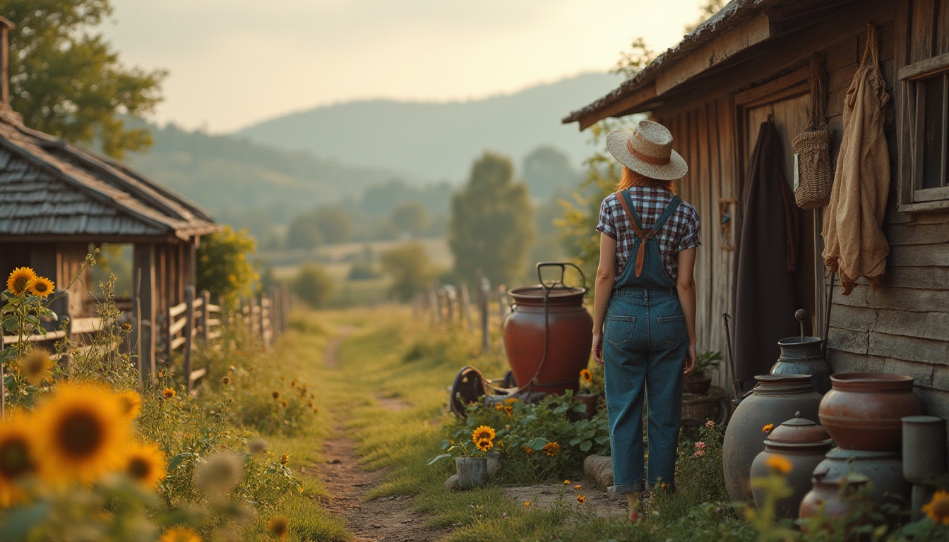 Prompt: Rustic countryside, rural landscape, old wooden fences, vintage farm equipment, farmhouse, straw hat, overalls, plaid shirt, earthy tones, natural fabrics, woven basket, ceramics, lanterns, wildflowers, sunflower field, rolling hills, misty morning, warm sunlight, soft focus, 3/4 composition, peaceful atmosphere, serene ambiance.