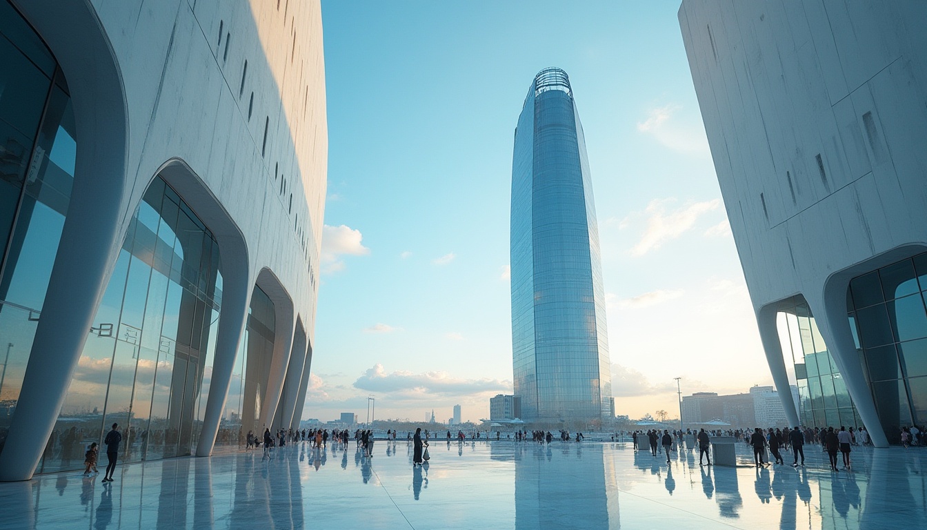 Prompt: Powder blue building, modern skyscraper, sleek glass facade, subtle gradient effect, reflective surface, minimalist design, urban cityscape, busy streets, people walking, clouds drifting by, soft natural light, warm afternoon ambiance, 3/4 composition, low-angle shot, cinematic mood, futuristic feel, steel beams, marble flooring, geometric shapes, powder blue accents, elegant lines, sophisticated atmosphere.