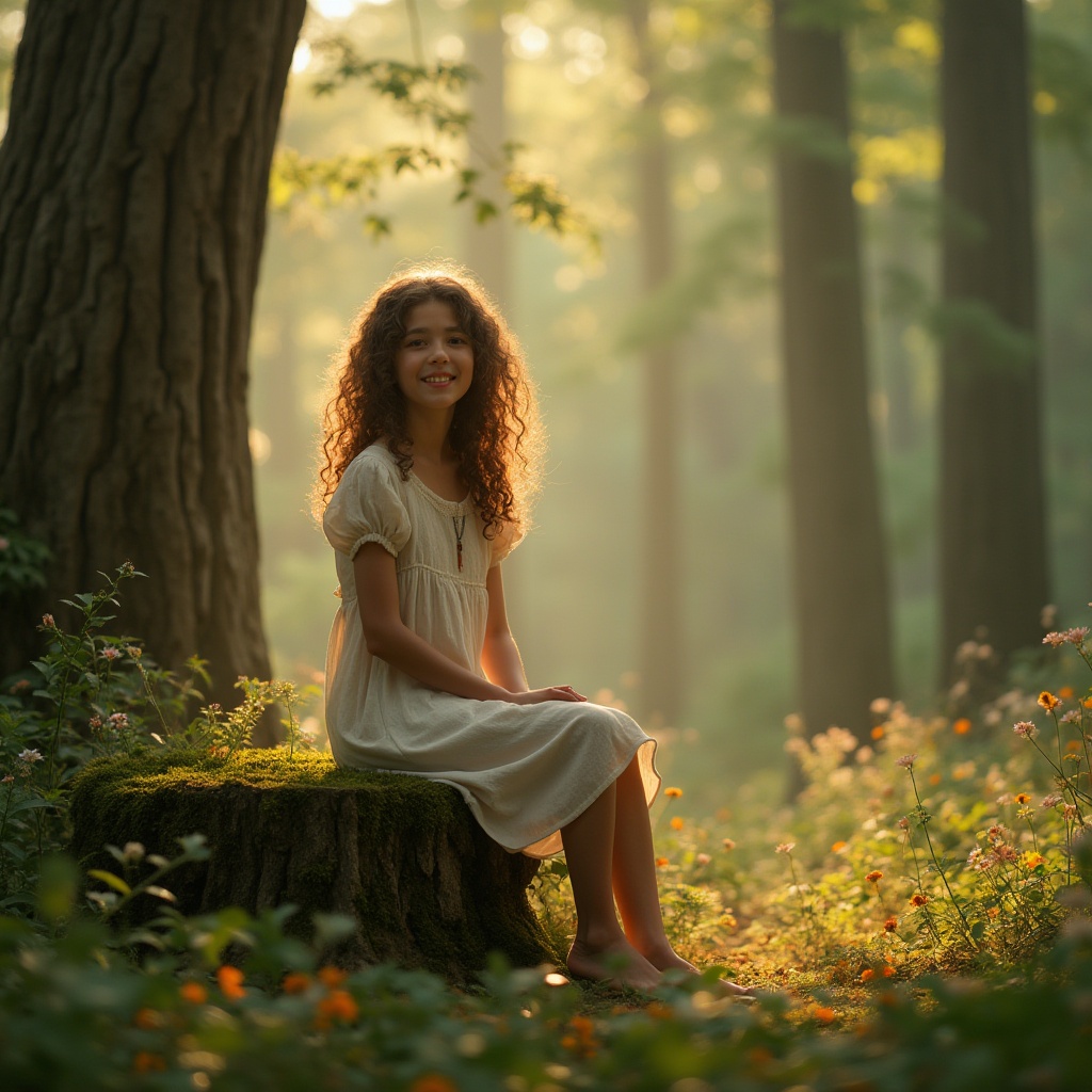 Prompt: Serenity scene, harmony with nature, girl, gentle smile, soft curly brown hair, warm golden lighting, earth-toned clothing, flowing white dress, bare feet, sitting on a moss-covered tree stump, surrounded by towering trees, vibrant green leaves, colorful wildflowers blooming, forest floor, misty atmosphere, warm ambient light, 3/4 composition, cinematic shot, peaceful ambiance.