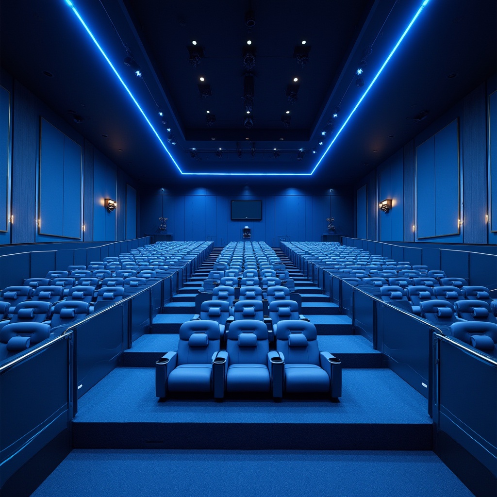 Prompt: Auditorium interior, blue accents, modern design, sleek lines, luxurious velvet seats, stainless steel handrails, spotlights, dimmable floor lamps, high ceiling, grand chandelier, dark blue carpet, pale blue walls, LED ambient lighting, 3/4 composition, wide-angle shot, symmetrical framing, daytime, softbox lighting.