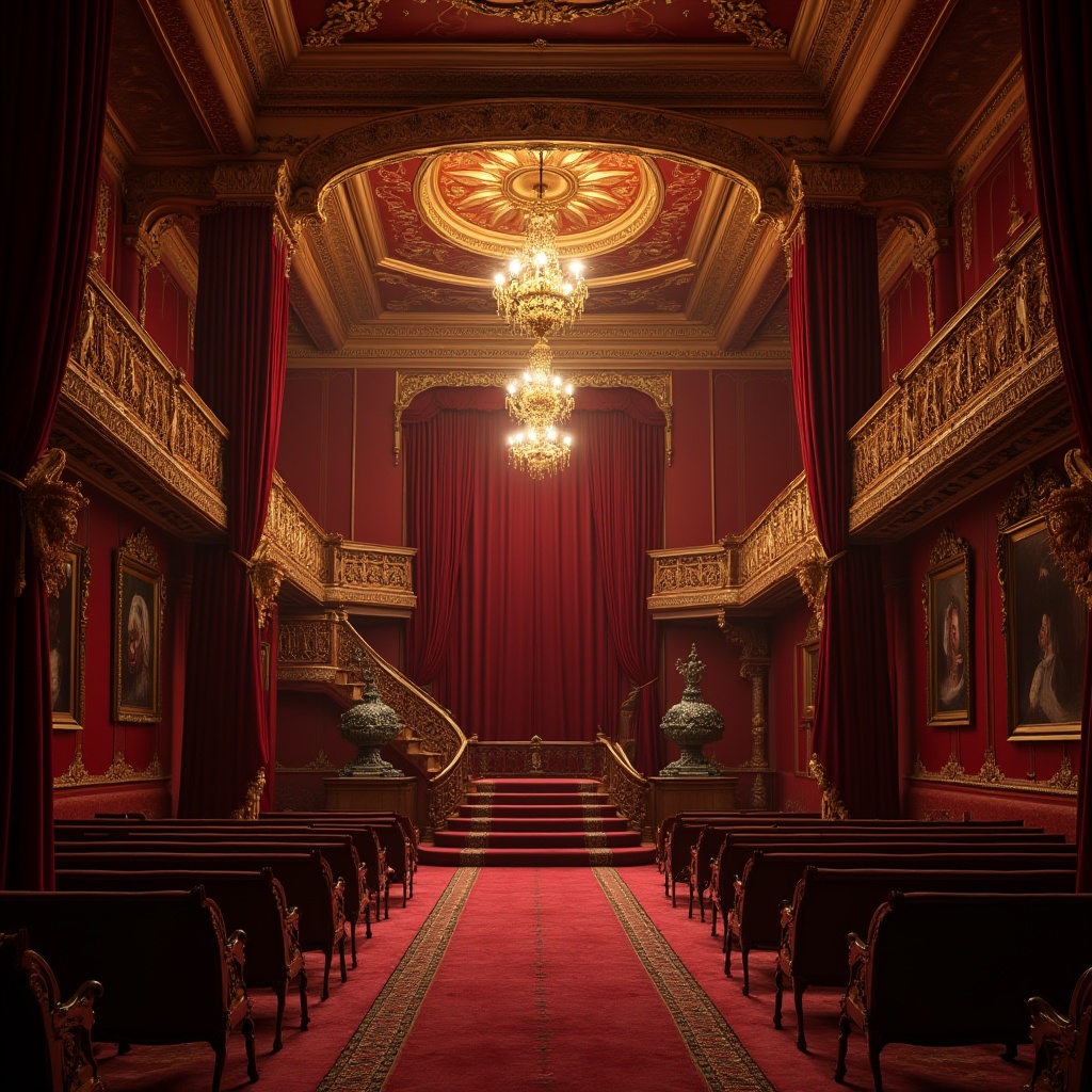 Prompt: Opulent theater-inspired interior, luxurious velvet curtains, golden ornate frames, intricate moldings, grand chandelier, crimson red walls, lavish furnishings, Baroque patterns, antique decorative objects, rich textures, majestic staircases, dramatic lighting, warm glow, mysterious shadows, 3/4 composition, low-angle shot, cinematic atmosphere.