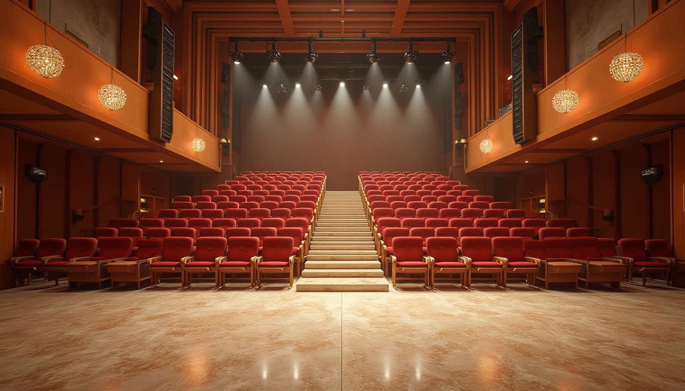 Prompt: Granite auditorium, luxurious interior, grand staircase, polished granite flooring, reflective surface, subtle veining patterns, warm beige tone, comfortable seating area, wooden chairs, red velvet cushions, ornate chandeliers, high ceilings, dramatic lighting, spotlights on stage, professional audio equipment, soundproofing panels, acoustic considerations, intimate atmosphere, frontal view, 3/4 composition, softbox lighting.