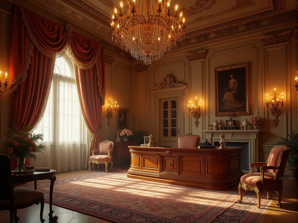 Prompt: Luxurious interior, banker's office, rich Baroque style fabrics, velvet drapes, intricate gold embroidery, ornate wooden furniture, majestic chandelier, soft candlelight, subtle shadows, warm beige walls, Renaissance-inspired patterns, golden silk threads, lavish upholstery, regal atmosphere, 17th-century European flair, opulent textures, refined elegance, classic composition, shallow depth of field, warm color palette.