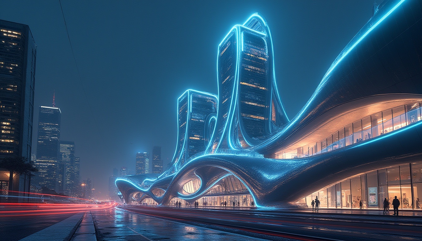 Prompt: Futuristic, experimental architecture, sleek lines, metallic materials, neon lights, glow-in-the-dark accents, curved structures, transparent glass, holographic projections, virtual reality integration, sustainable energy harvesting systems, urban skyscraper, cityscape, night scene, drone flying by, 3/4 composition, low-angle shot, cinematic lighting.