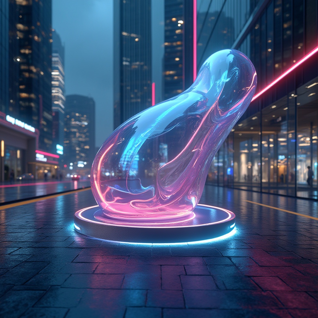 Prompt: Modern design, plastic material, futuristic, sleek lines, minimalistic, translucent, reflective surface, neon lights, urban cityscape, skyscraper, nighttime, 3/4 composition, low-angle shot, ambient lighting, vibrant colors, geometric shapes, metallic accents, innovative product design.